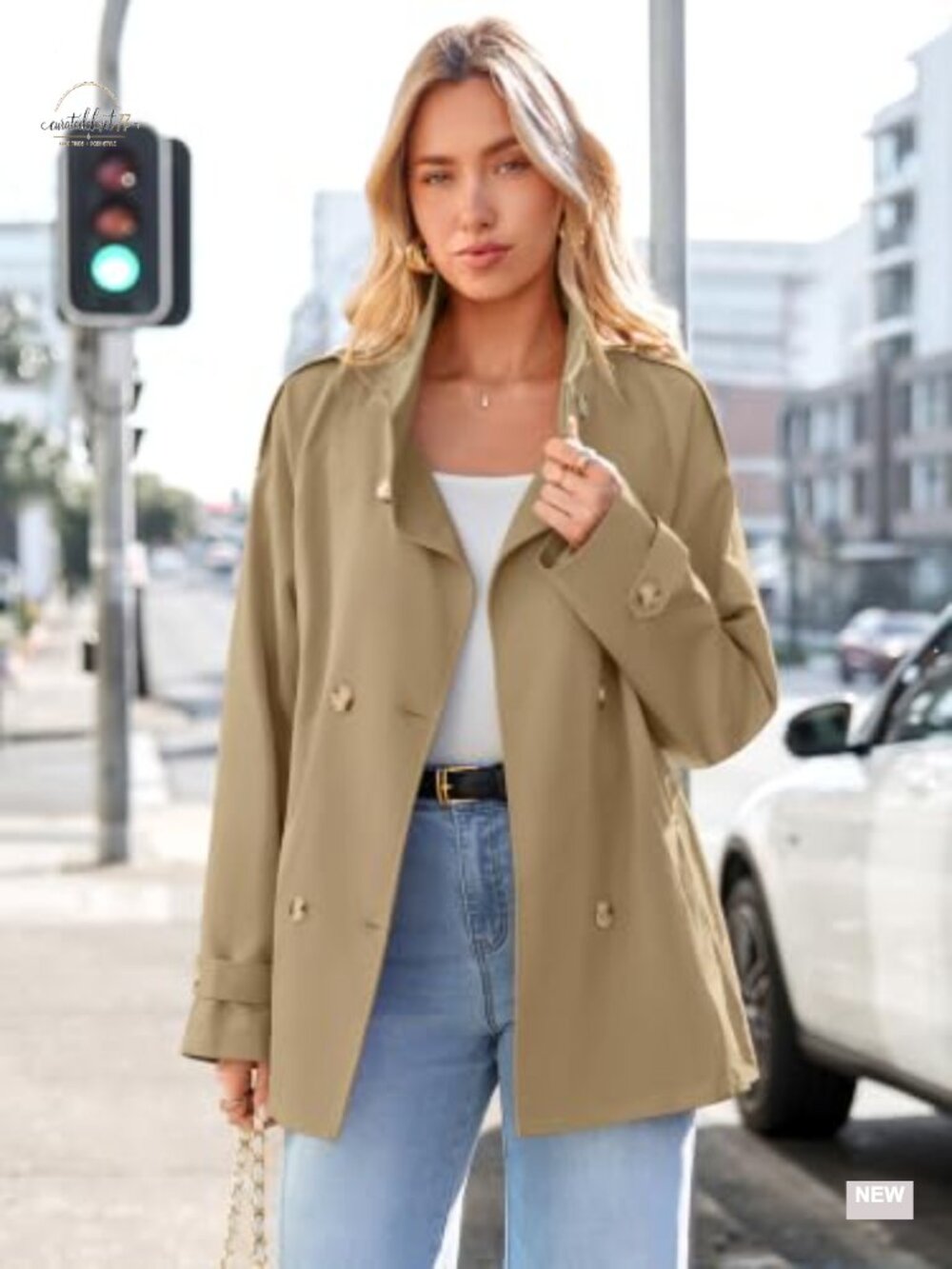 Women's Short Trench Coat Double Breasted Stand Collar Belted Fall Jacket - Picture 5 of 6
